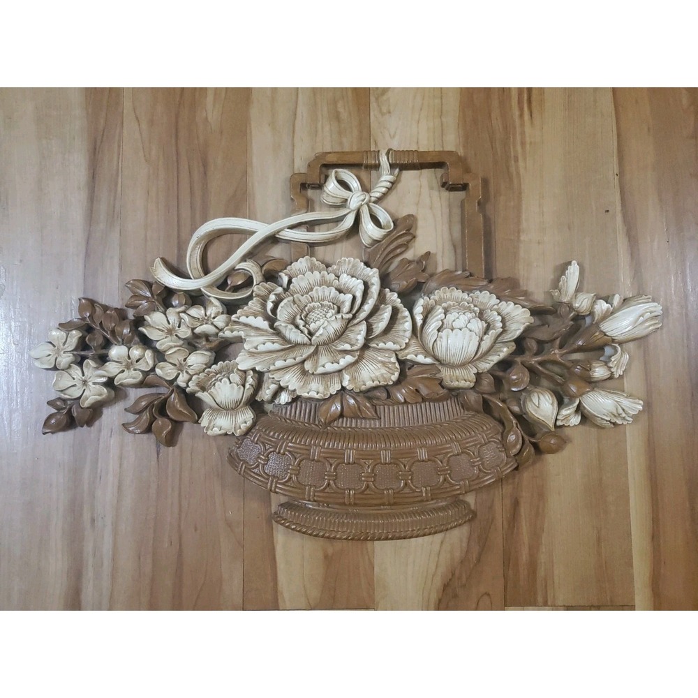 Vintage HOMCO Syroco USA Basket Of Flowers Wall Hanging #7605 Medium Brown